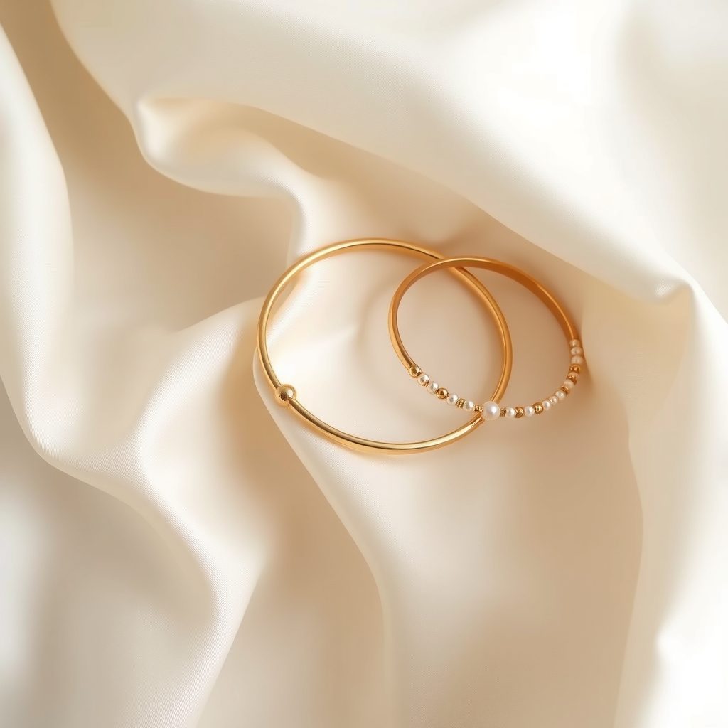 Trois bracelets fins MiMZEI posés sur de la soie ivoire